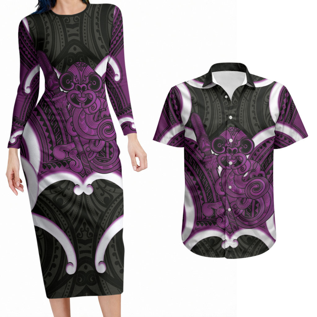 Waiporoporo Aotearoa Atua Tumatauenga Personalised Couples Matching Long Sleeve Bodycon Dress and Hawaiian Shirt Maori God Of War Tiki With Taiaha LT14 Purple - Polynesian Pride