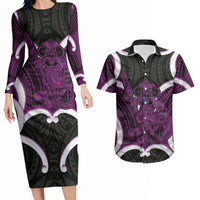 Waiporoporo Aotearoa Atua Tumatauenga Personalised Couples Matching Long Sleeve Bodycon Dress and Hawaiian Shirt Maori God Of War Tiki With Taiaha LT14 Purple - Polynesian Pride