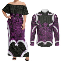 Waiporoporo Aotearoa Atua Tumatauenga Personalised Couples Matching Off Shoulder Maxi Dress and Long Sleeve Button Shirt Maori God Of War Tiki With Taiaha LT14 Purple - Polynesian Pride