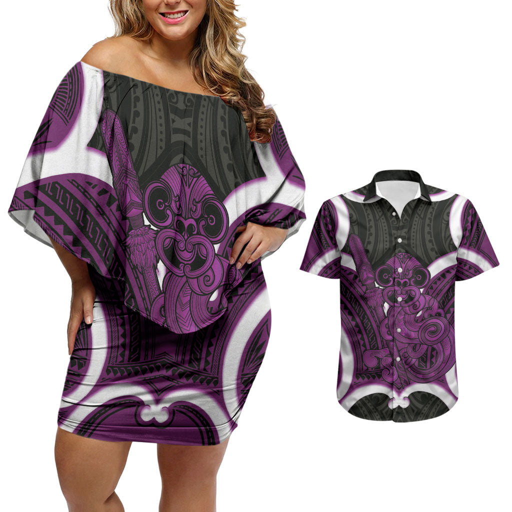 Waiporoporo Aotearoa Atua Tumatauenga Personalised Couples Matching Off Shoulder Short Dress and Hawaiian Shirt Maori God Of War Tiki With Taiaha LT14 Purple - Polynesian Pride