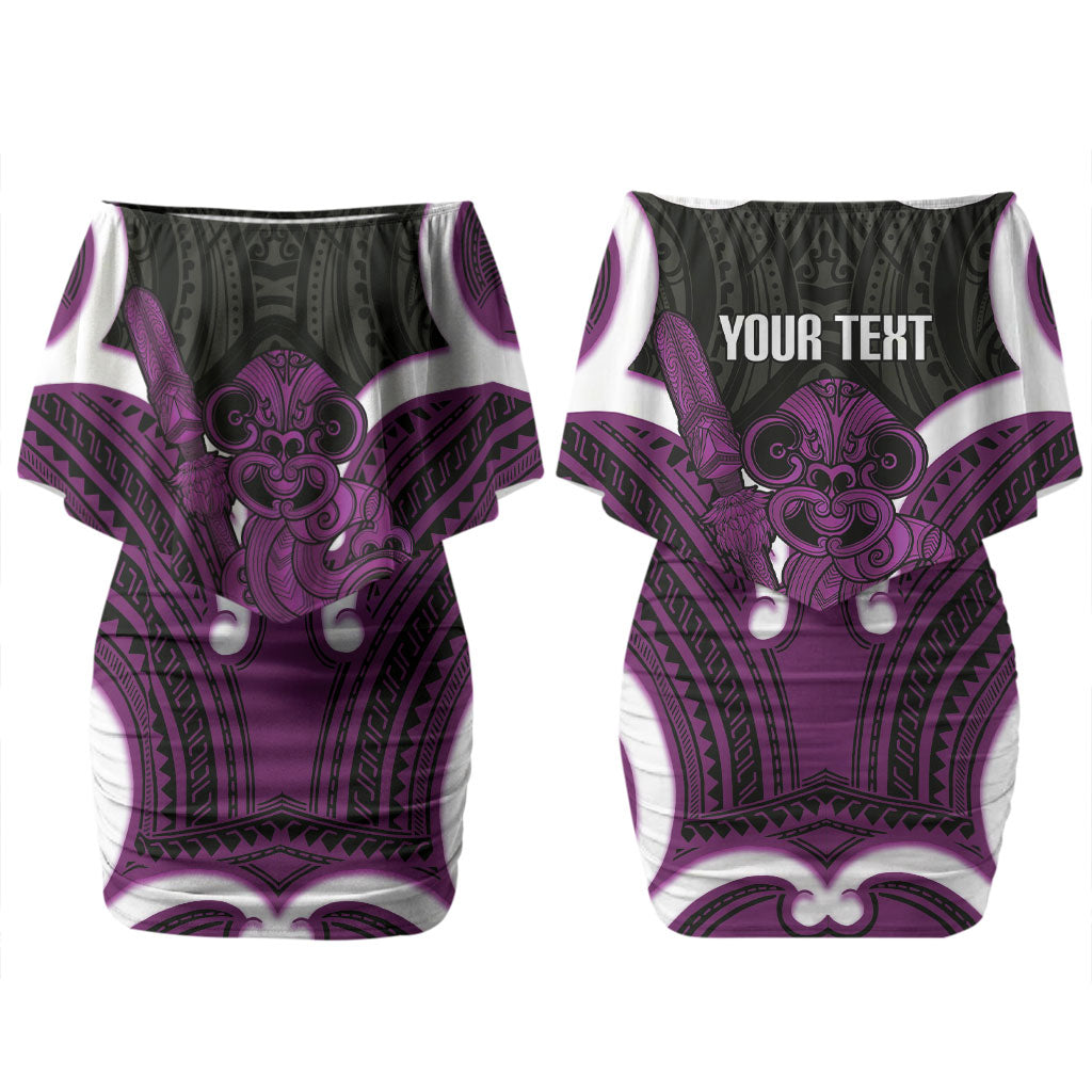 Waiporoporo Aotearoa Atua Tumatauenga Personalised Couples Matching Off Shoulder Short Dress and Hawaiian Shirt Maori God Of War Tiki With Taiaha LT14 - Polynesian Pride