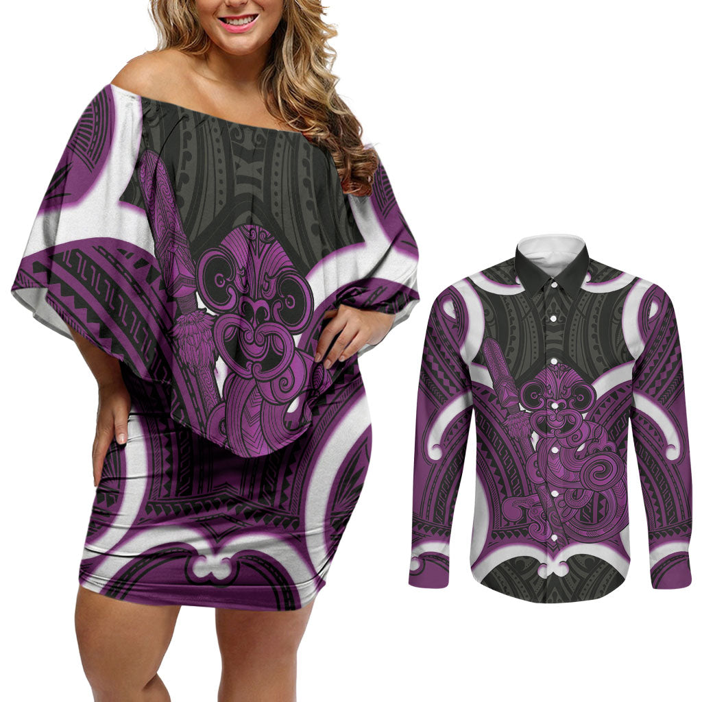 Waiporoporo Aotearoa Atua Tumatauenga Personalised Couples Matching Off Shoulder Short Dress and Long Sleeve Button Shirt Maori God Of War Tiki With Taiaha LT14 Purple - Polynesian Pride