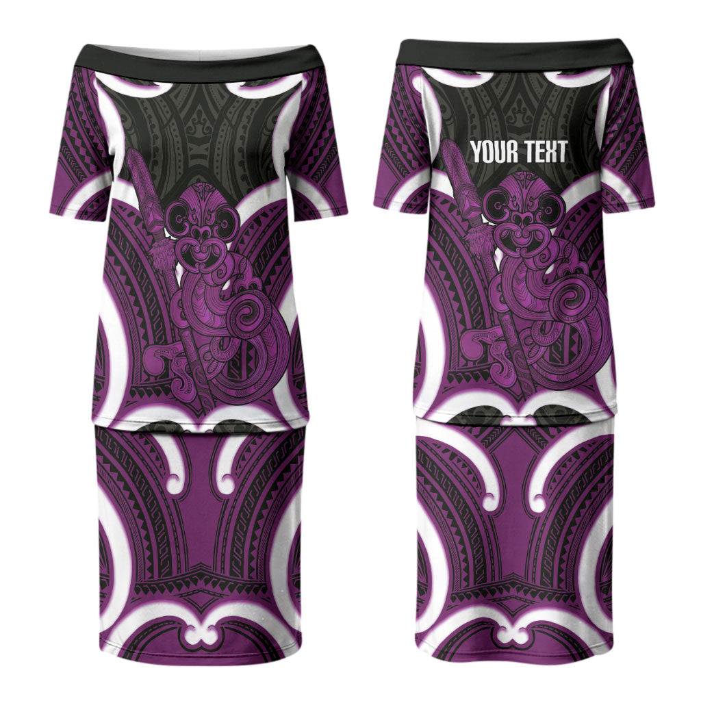 Waiporoporo Aotearoa Atua Tumatauenga Personalised Couples Matching Puletasi and Long Sleeve Button Shirt Maori God Of War Tiki With Taiaha LT14 - Polynesian Pride