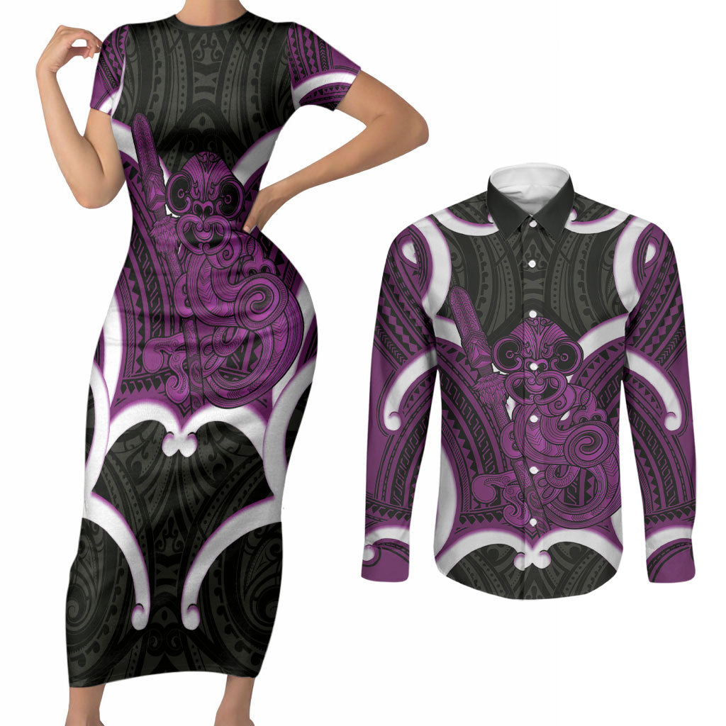 Waiporoporo Aotearoa Atua Tumatauenga Personalised Couples Matching Short Sleeve Bodycon Dress and Long Sleeve Button Shirt Maori God Of War Tiki With Taiaha LT14 Purple - Polynesian Pride