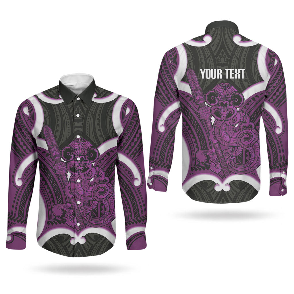 Waiporoporo Aotearoa Atua Tumatauenga Personalised Couples Matching Short Sleeve Bodycon Dress and Long Sleeve Button Shirt Maori God Of War Tiki With Taiaha LT14 - Polynesian Pride