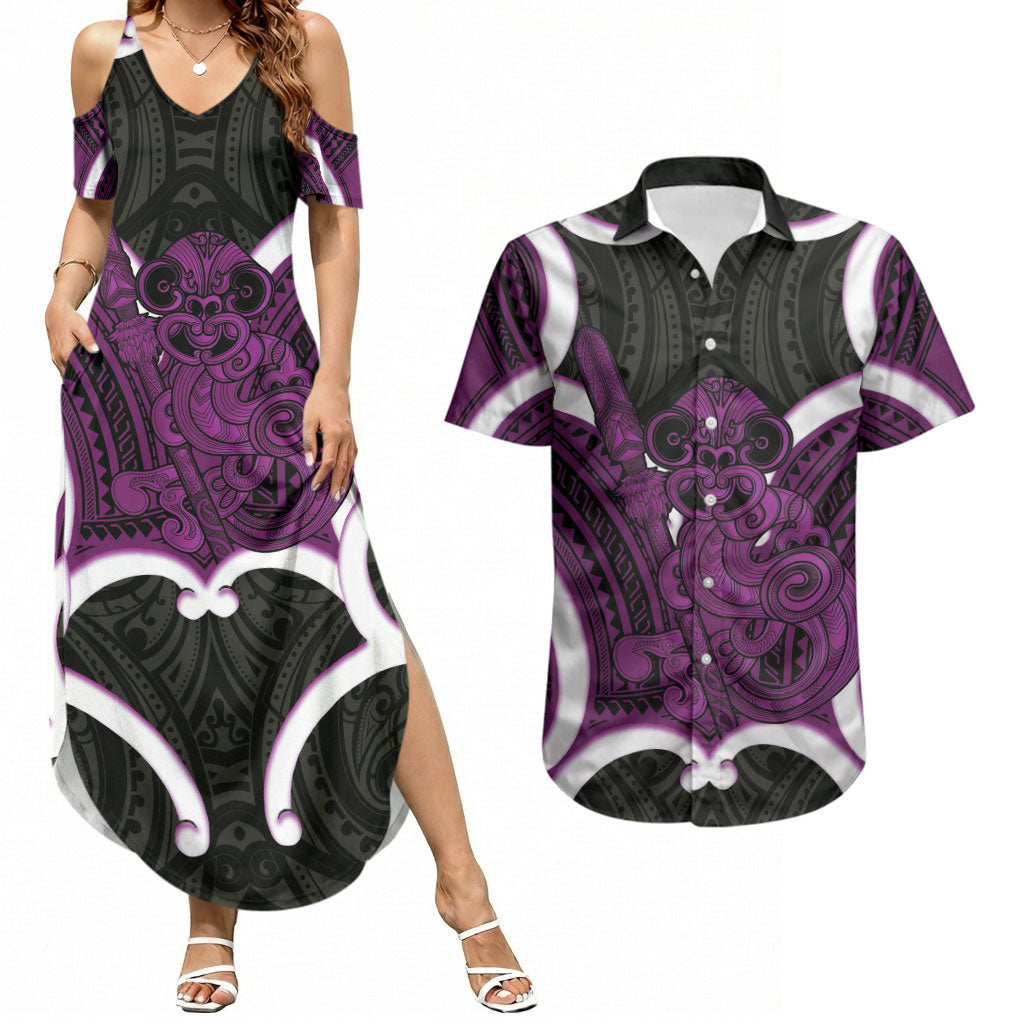 Waiporoporo Aotearoa Atua Tumatauenga Personalised Couples Matching Summer Maxi Dress and Hawaiian Shirt Maori God Of War Tiki With Taiaha LT14 Purple - Polynesian Pride
