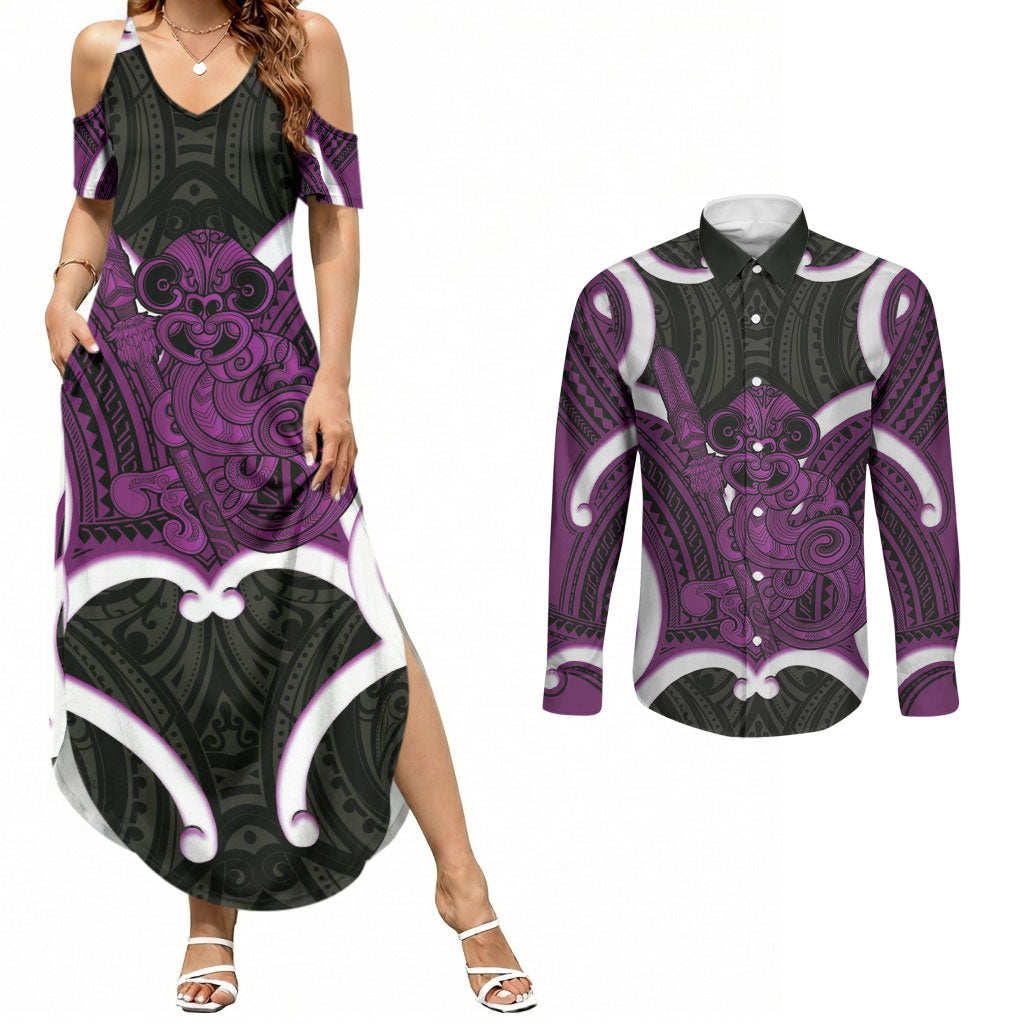 Waiporoporo Aotearoa Atua Tumatauenga Personalised Couples Matching Summer Maxi Dress and Long Sleeve Button Shirt Maori God Of War Tiki With Taiaha LT14 Purple - Polynesian Pride