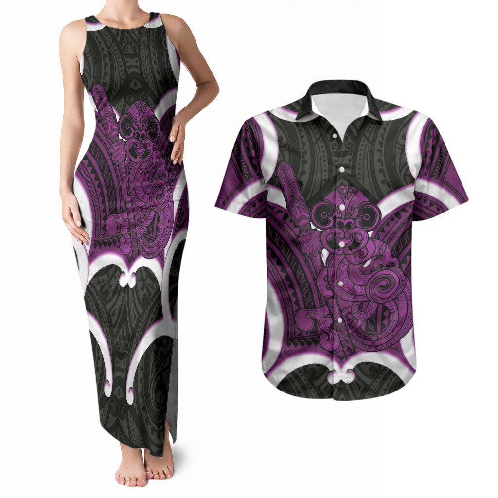 Waiporoporo Aotearoa Atua Tumatauenga Personalised Couples Matching Tank Maxi Dress and Hawaiian Shirt Maori God Of War Tiki With Taiaha LT14 Purple - Polynesian Pride