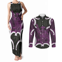 Waiporoporo Aotearoa Atua Tumatauenga Personalised Couples Matching Tank Maxi Dress and Long Sleeve Button Shirt Maori God Of War Tiki With Taiaha LT14 Purple - Polynesian Pride
