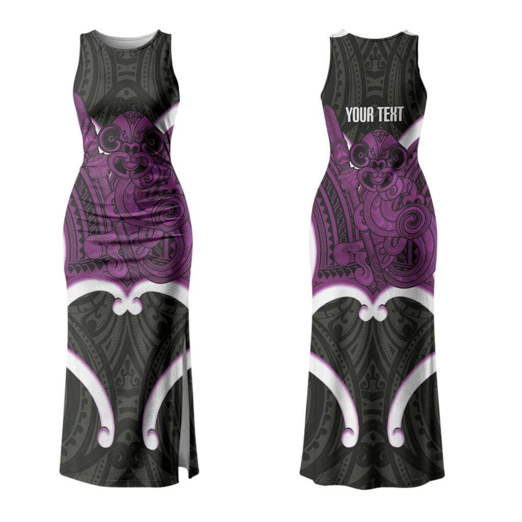 Waiporoporo Aotearoa Atua Tumatauenga Personalised Couples Matching Tank Maxi Dress and Long Sleeve Button Shirt Maori God Of War Tiki With Taiaha LT14 - Polynesian Pride