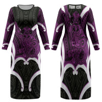 Waiporoporo Aotearoa Atua Tumatauenga Personalised Family Matching Long Sleeve Bodycon Dress and Hawaiian Shirt Maori God Of War Tiki With Taiaha LT14 Mom's Dress Purple - Polynesian Pride