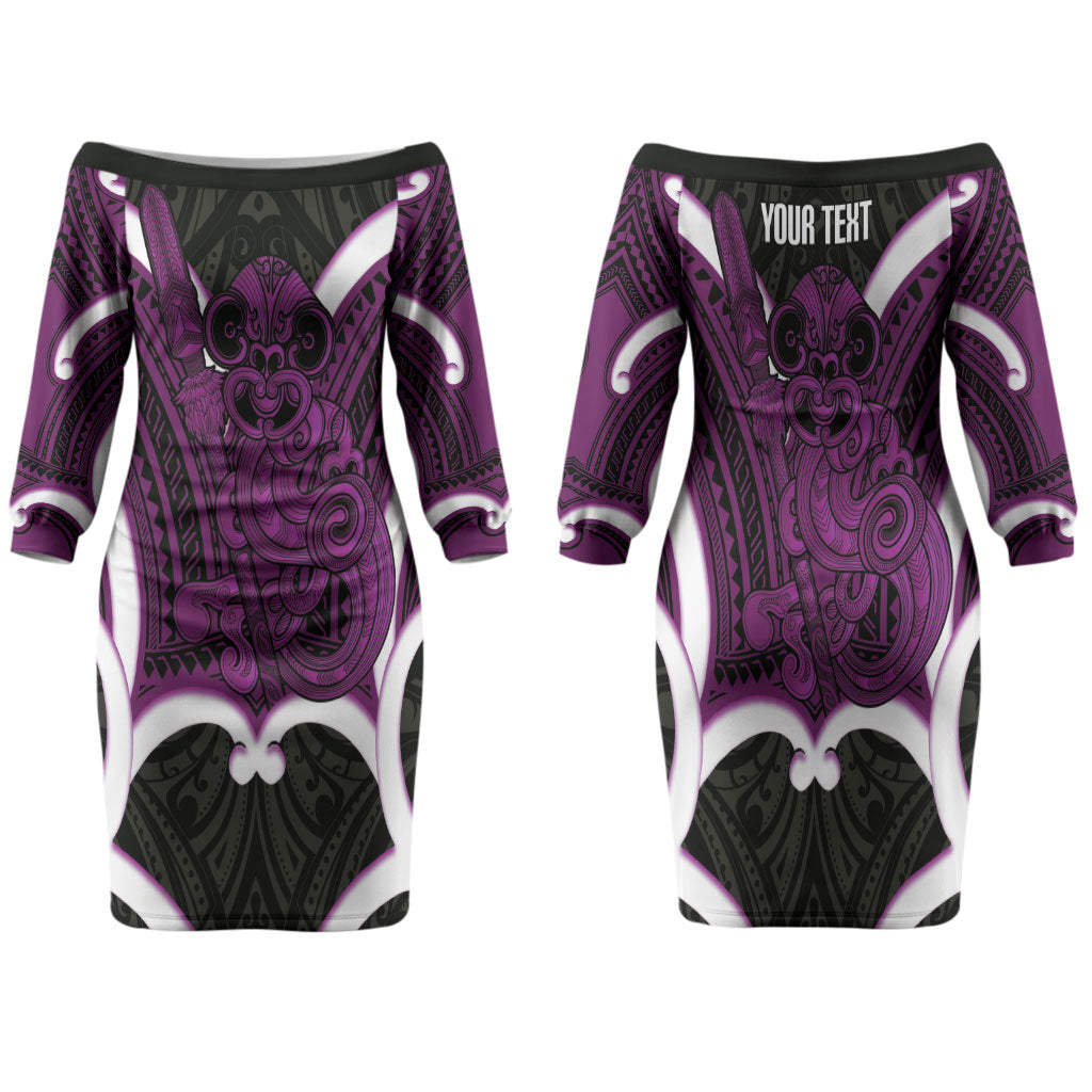 Waiporoporo Aotearoa Atua Tumatauenga Personalised Family Matching Off The Shoulder Long Sleeve Dress and Hawaiian Shirt Maori God Of War Tiki With Taiaha LT14 Mom's Dress Purple - Polynesian Pride