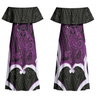 Waiporoporo Aotearoa Atua Tumatauenga Personalised Family Matching Off Shoulder Maxi Dress and Hawaiian Shirt Maori God Of War Tiki With Taiaha LT14 Mom's Dress Purple - Polynesian Pride