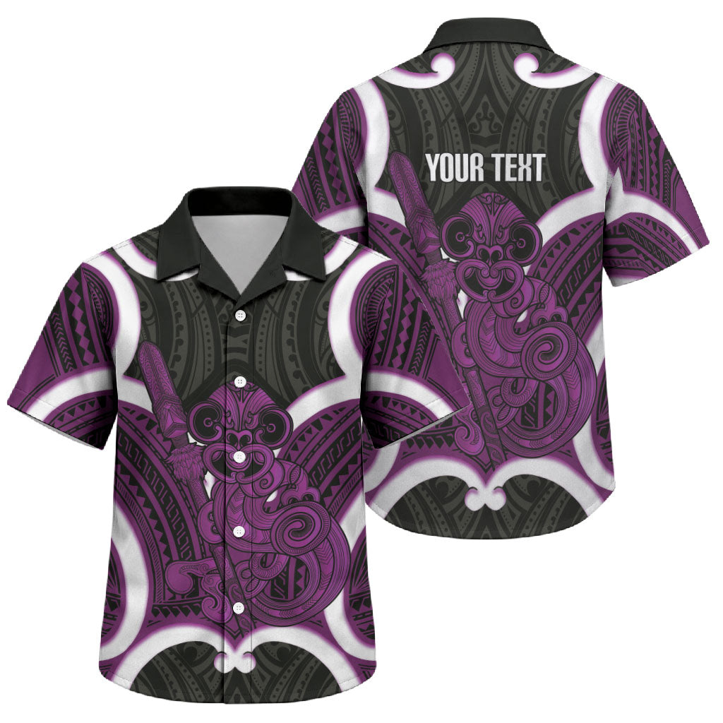 Waiporoporo Aotearoa Atua Tumatauenga Personalised Family Matching Off Shoulder Maxi Dress and Hawaiian Shirt Maori God Of War Tiki With Taiaha LT14 Son's Shirt Purple - Polynesian Pride