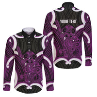 Waiporoporo Aotearoa Atua Tumatauenga Personalised Family Matching Puletasi and Hawaiian Shirt Maori God Of War Tiki With Taiaha LT14 Dad's Shirt - Long Sleeve Purple - Polynesian Pride