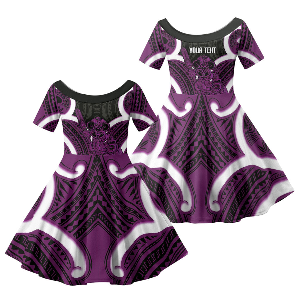 Waiporoporo Aotearoa Atua Tumatauenga Personalised Family Matching Puletasi and Hawaiian Shirt Maori God Of War Tiki With Taiaha LT14 Daughter's Dress Purple - Polynesian Pride