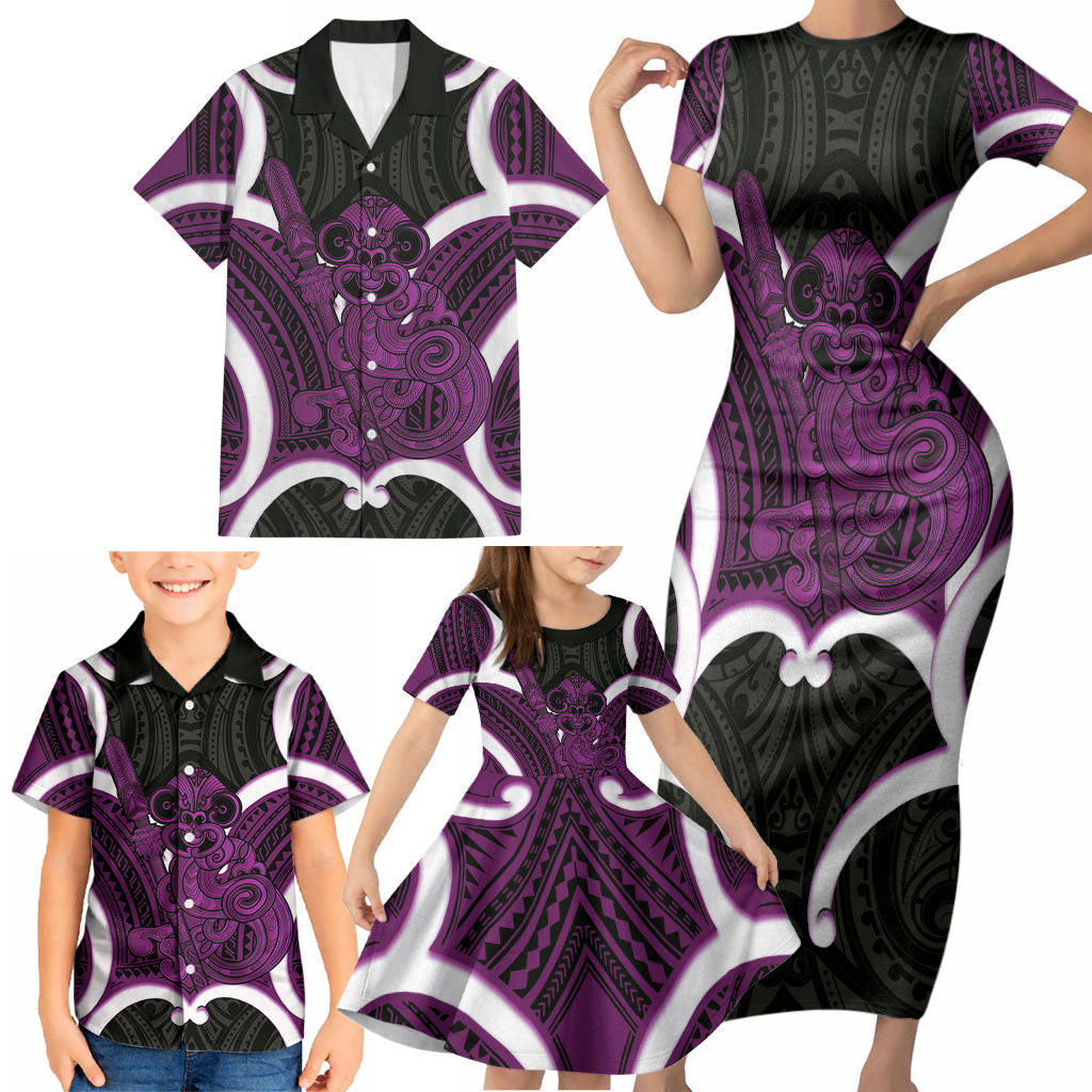 Waiporoporo Aotearoa Atua Tumatauenga Personalised Family Matching Short Sleeve Bodycon Dress and Hawaiian Shirt Maori God Of War Tiki With Taiaha LT14 - Polynesian Pride