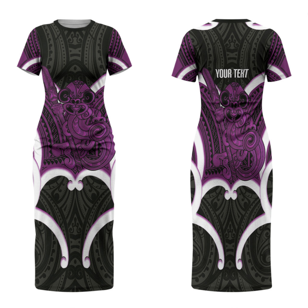 Waiporoporo Aotearoa Atua Tumatauenga Personalised Family Matching Short Sleeve Bodycon Dress and Hawaiian Shirt Maori God Of War Tiki With Taiaha LT14 Mom's Dress Purple - Polynesian Pride