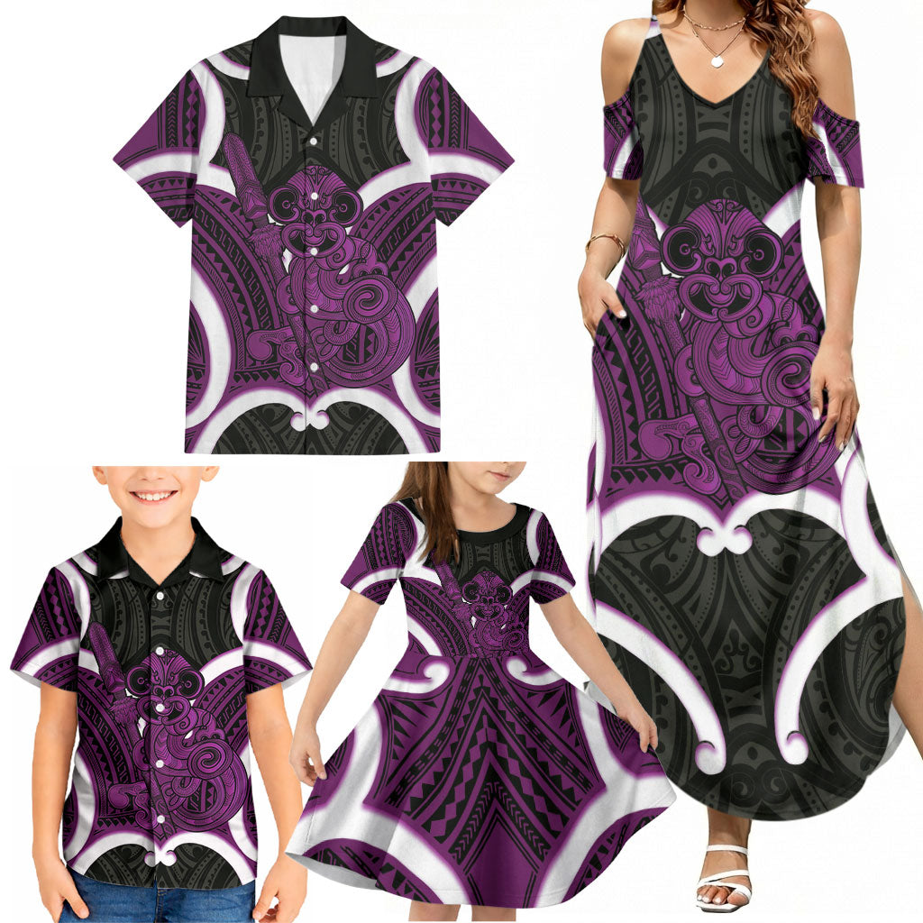 Waiporoporo Aotearoa Atua Tumatauenga Personalised Family Matching Summer Maxi Dress and Hawaiian Shirt Maori God Of War Tiki With Taiaha LT14 - Polynesian Pride