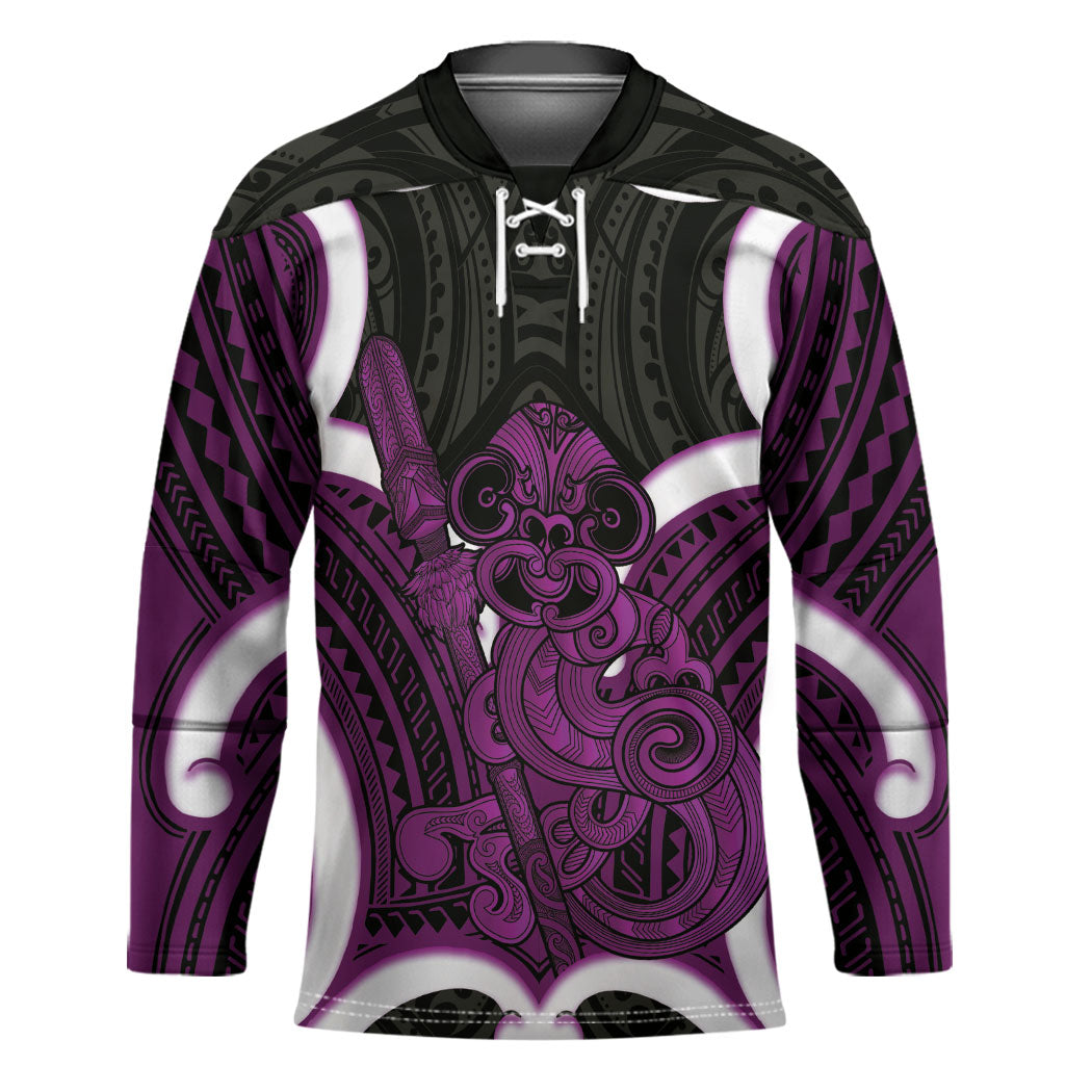Waiporoporo Aotearoa Atua Tumatauenga Personalised Hockey Jersey Maori God Of War Tiki With Taiaha LT14 Unisex Purple - Polynesian Pride