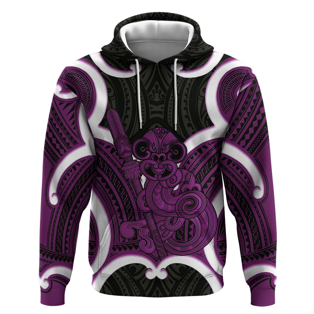 Waiporoporo Aotearoa Atua Tumatauenga Personalised Hoodie Maori God Of War Tiki With Taiaha LT14 Pullover Hoodie Purple - Polynesian Pride