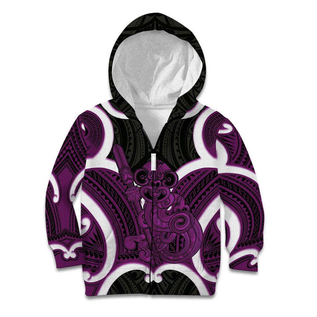 Waiporoporo Aotearoa Atua Tumatauenga Personalised Kid Hoodie Maori God Of War Tiki With Taiaha LT14 Zip Hoodie Purple - Polynesian Pride