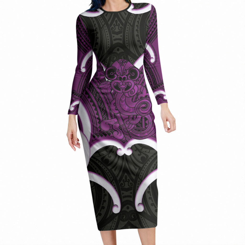 Waiporoporo Aotearoa Atua Tumatauenga Personalised Long Sleeve Bodycon Dress Maori God Of War Tiki With Taiaha LT14 Long Dress Purple - Polynesian Pride