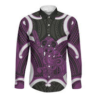 Waiporoporo Aotearoa Atua Tumatauenga Personalised Long Sleeve Button Shirt Maori God Of War Tiki With Taiaha LT14 Unisex Purple - Polynesian Pride