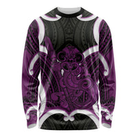 Waiporoporo Aotearoa Atua Tumatauenga Personalised Long Sleeve Shirt Maori God Of War Tiki With Taiaha LT14 Unisex Purple - Polynesian Pride