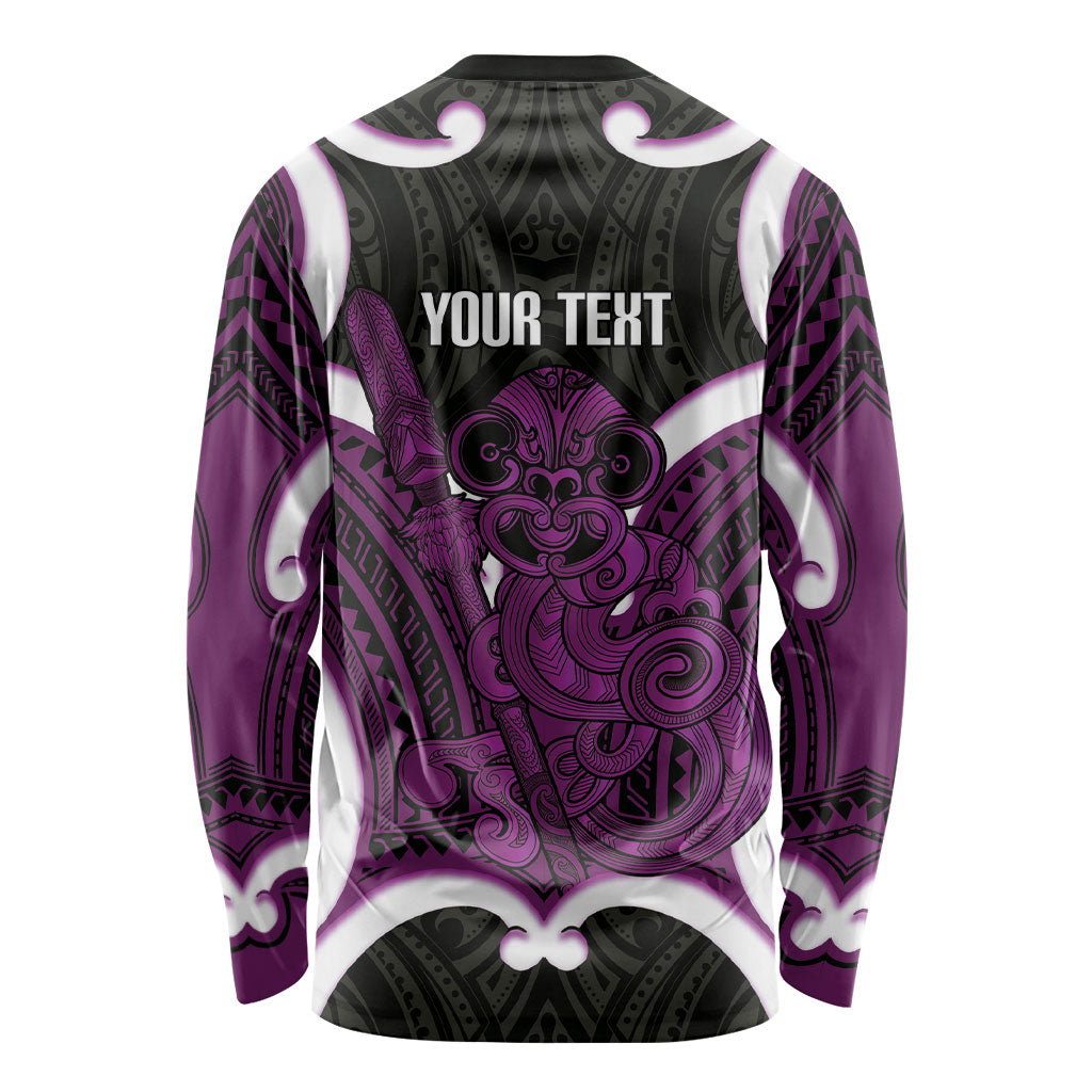 Waiporoporo Aotearoa Atua Tumatauenga Personalised Long Sleeve Shirt Maori God Of War Tiki With Taiaha LT14 - Polynesian Pride