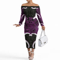 Waiporoporo Aotearoa Atua Tumatauenga Personalised Off The Shoulder Long Sleeve Dress Maori God Of War Tiki With Taiaha LT14 Women Purple - Polynesian Pride