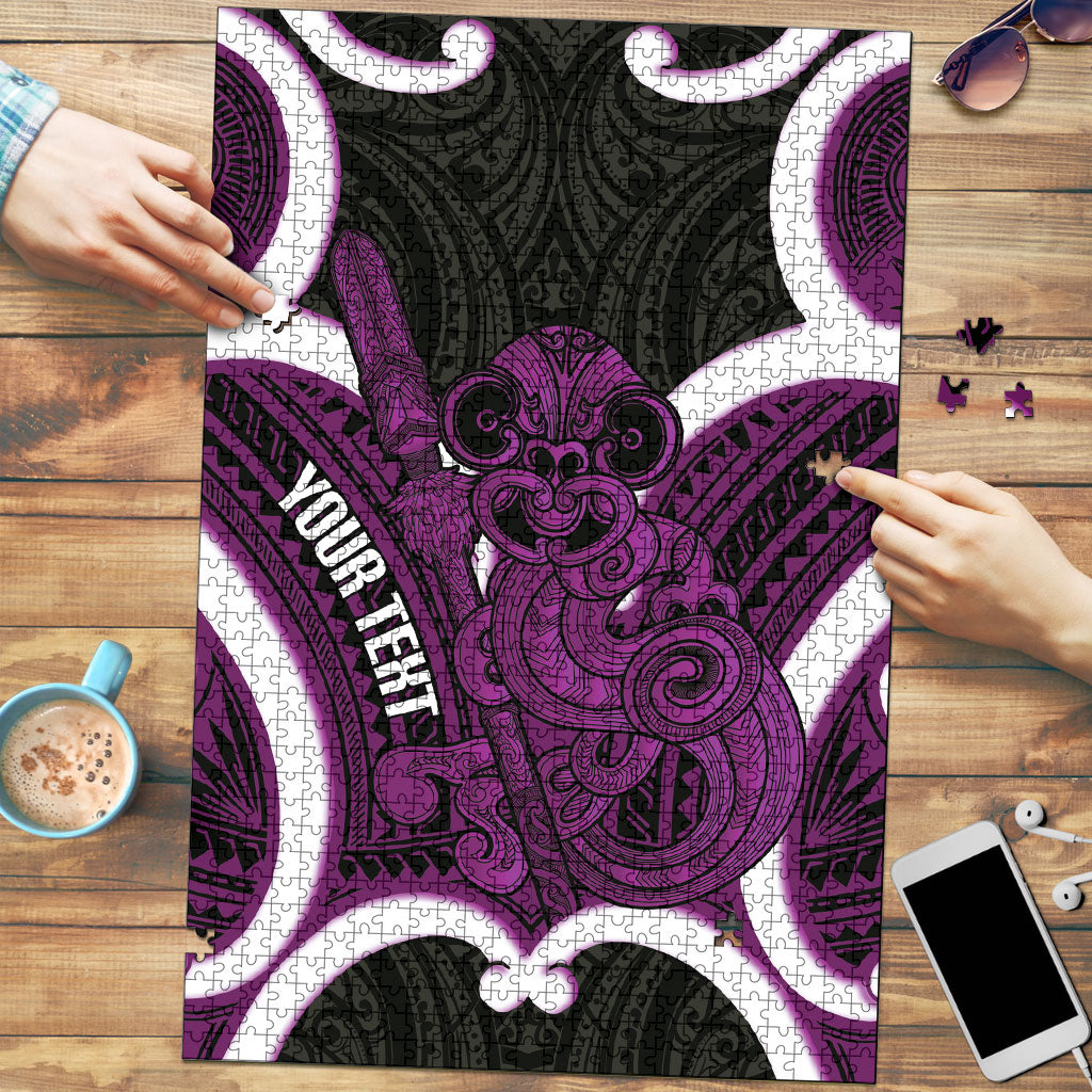 Waiporoporo Aotearoa Atua Tumatauenga Personalised Puzzle Maori God Of War Tiki With Taiaha LT14 Purple - Polynesian Pride