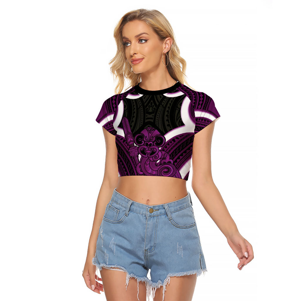 Waiporoporo Aotearoa Atua Tumatauenga Personalised Raglan Cropped T Shirt Maori God Of War Tiki With Taiaha LT14 Female Purple - Polynesian Pride