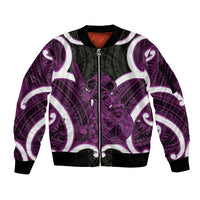 Waiporoporo Aotearoa Atua Tumatauenga Personalised Sleeve Zip Bomber Jacket Maori God Of War Tiki With Taiaha LT14 Unisex Purple - Polynesian Pride