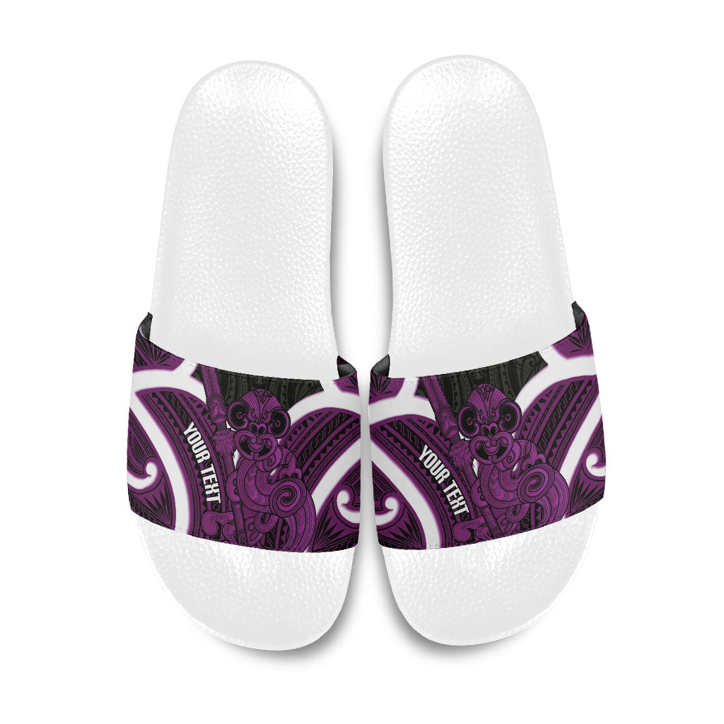 Waiporoporo Aotearoa Atua Tumatauenga Personalised Slide Sandals Maori God Of War Tiki With Taiaha LT14 Purple - Polynesian Pride