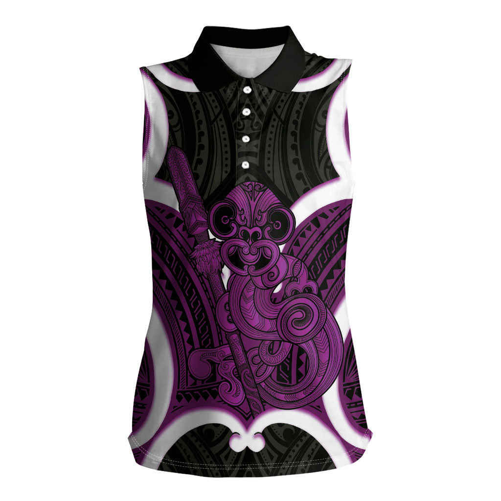 Waiporoporo Aotearoa Atua Tumatauenga Personalised Women Sleeveless Polo Shirt Maori God Of War Tiki With Taiaha LT14 Female Purple - Polynesian Pride