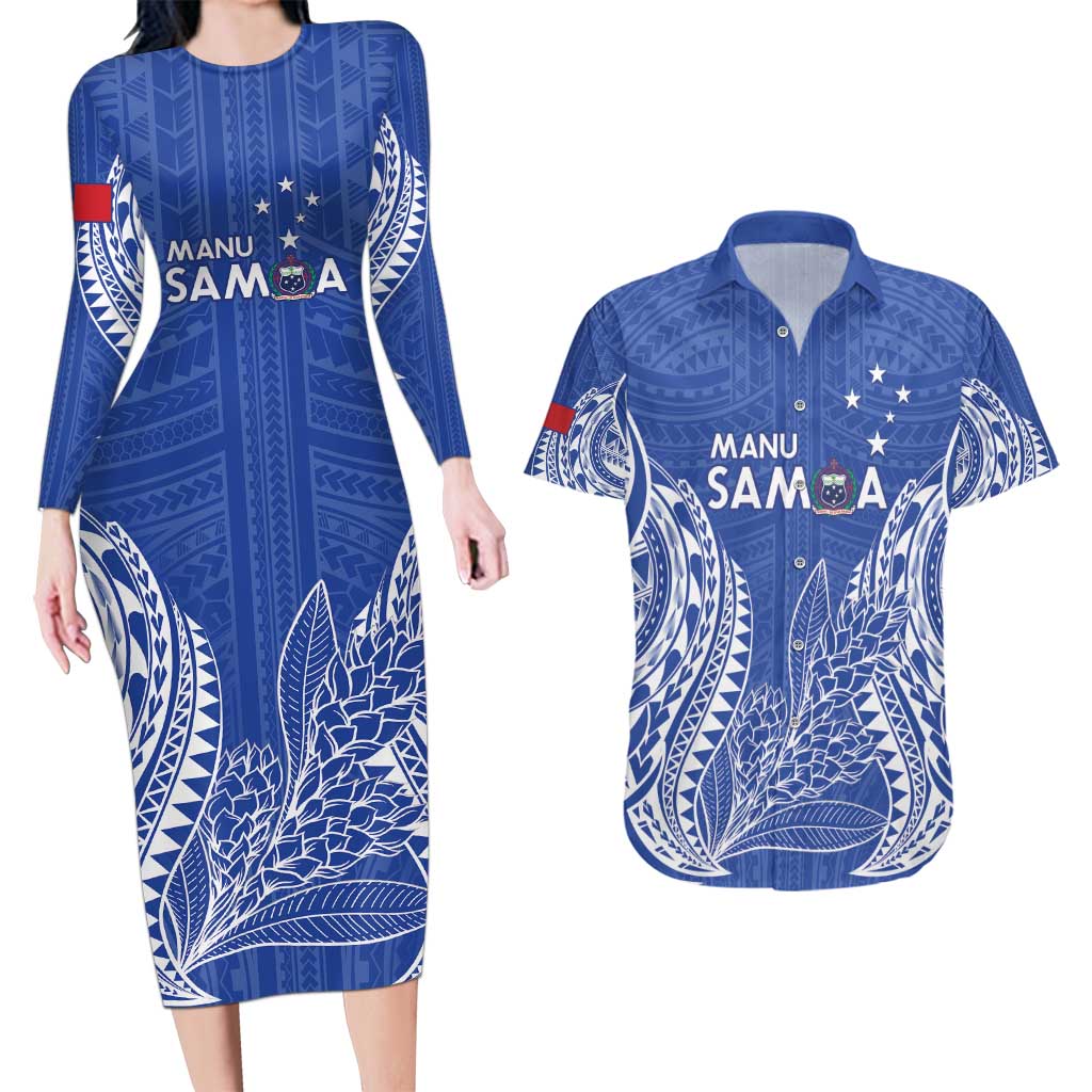 Custom Manu Samoa Rugby 2024 Couples Matching Long Sleeve Bodycon Dress and Hawaiian Shirt Go Champions Samoan Tattoo