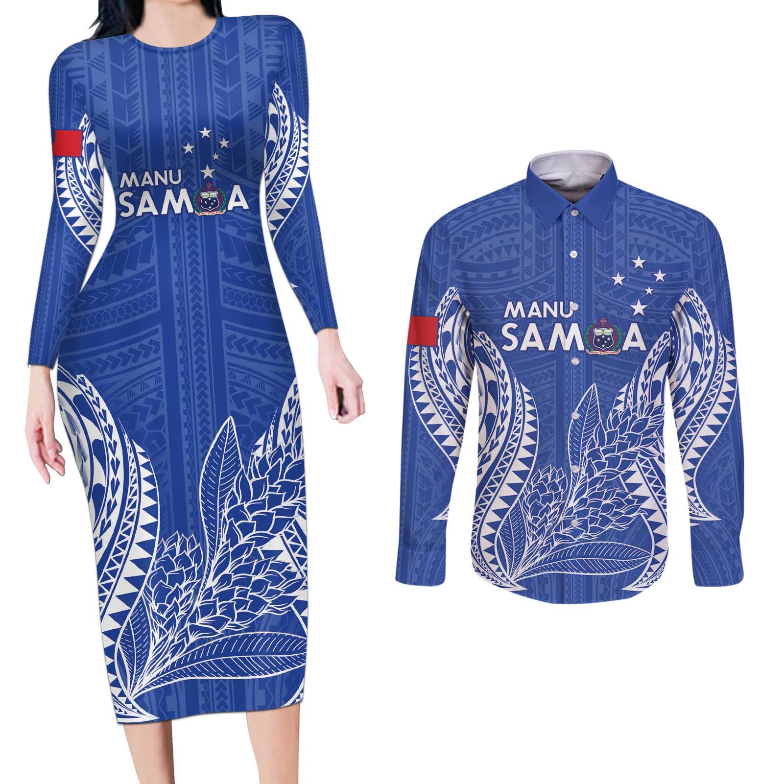 Custom Manu Samoa Rugby 2024 Couples Matching Long Sleeve Bodycon Dress and Long Sleeve Button Shirt Go Champions Samoan Tattoo