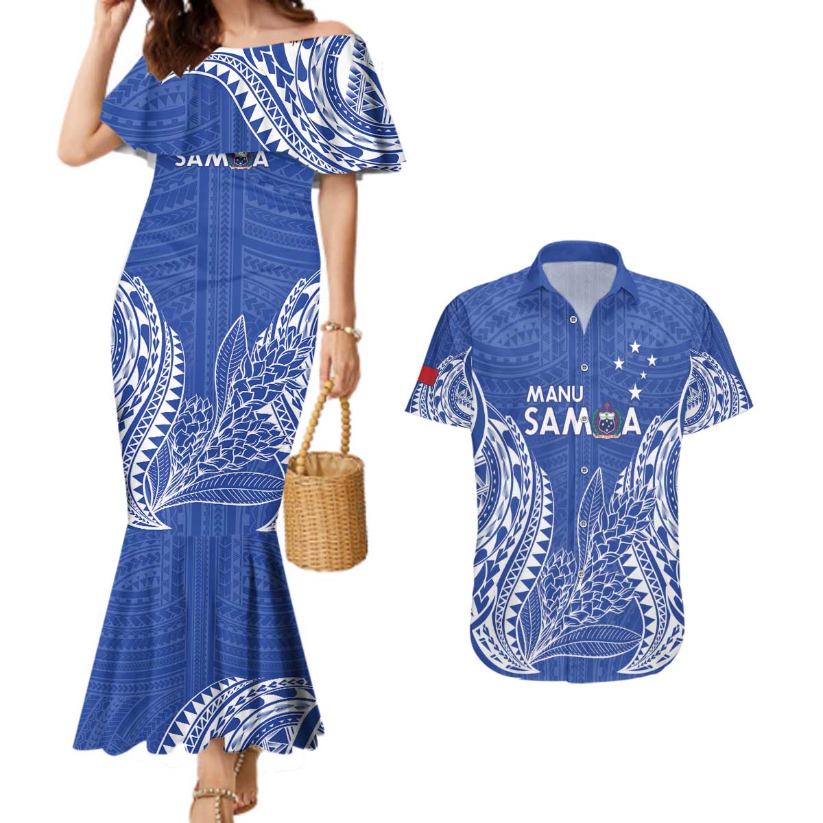 Custom Manu Samoa Rugby 2024 Couples Matching Mermaid Dress and Hawaiian Shirt Go Champions Samoan Tattoo