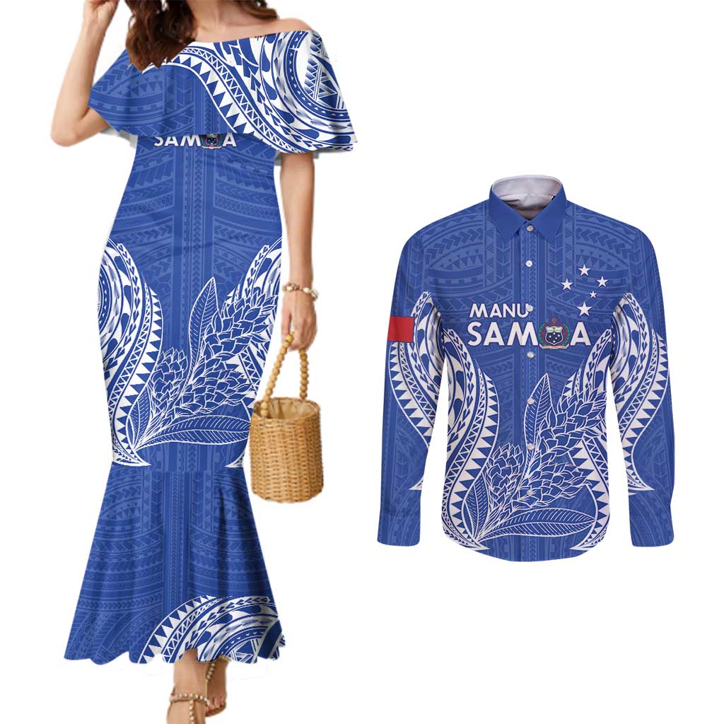 Custom Manu Samoa Rugby 2024 Couples Matching Mermaid Dress and Long Sleeve Button Shirt Go Champions Samoan Tattoo