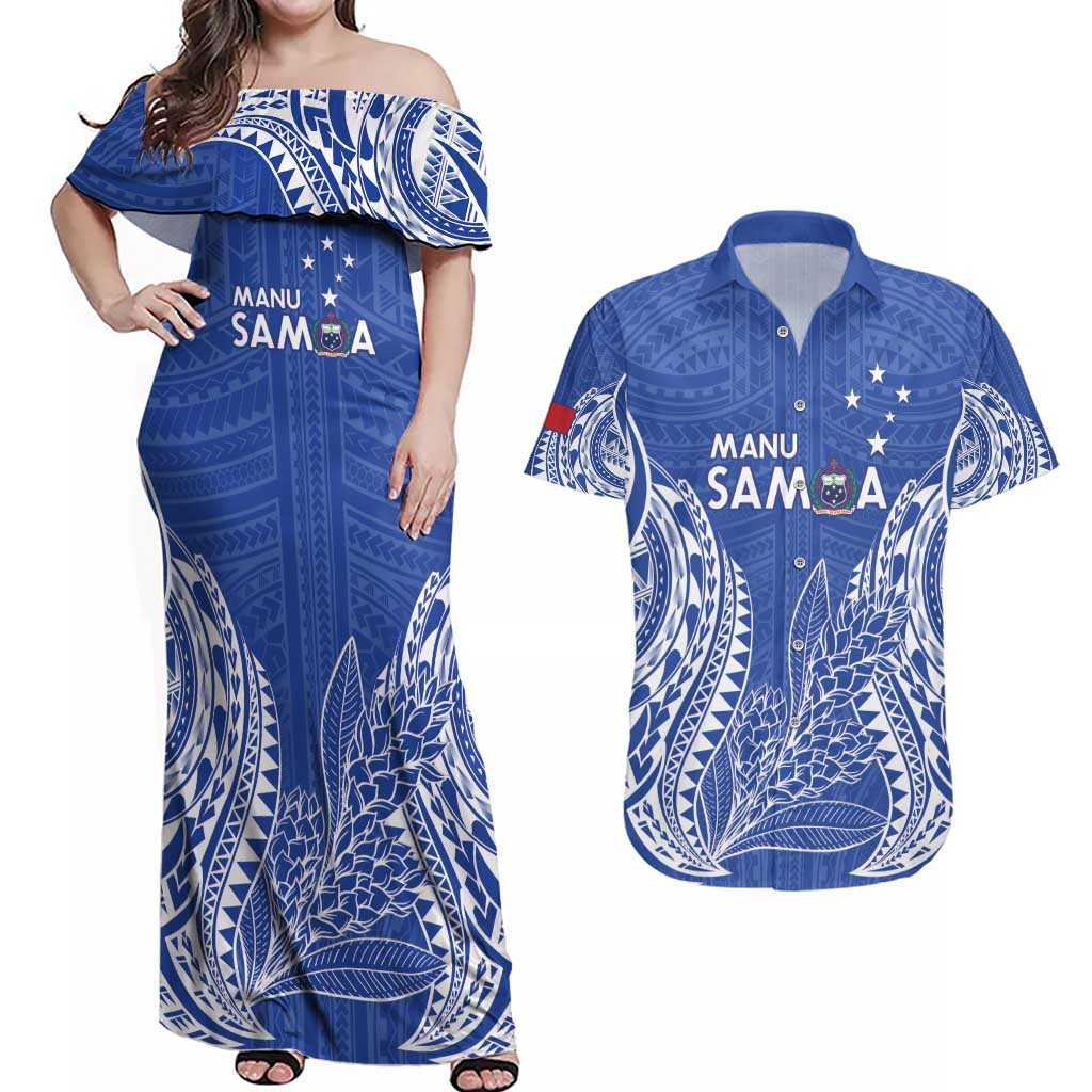 Custom Manu Samoa Rugby 2024 Couples Matching Off Shoulder Maxi Dress and Hawaiian Shirt Go Champions Samoan Tattoo