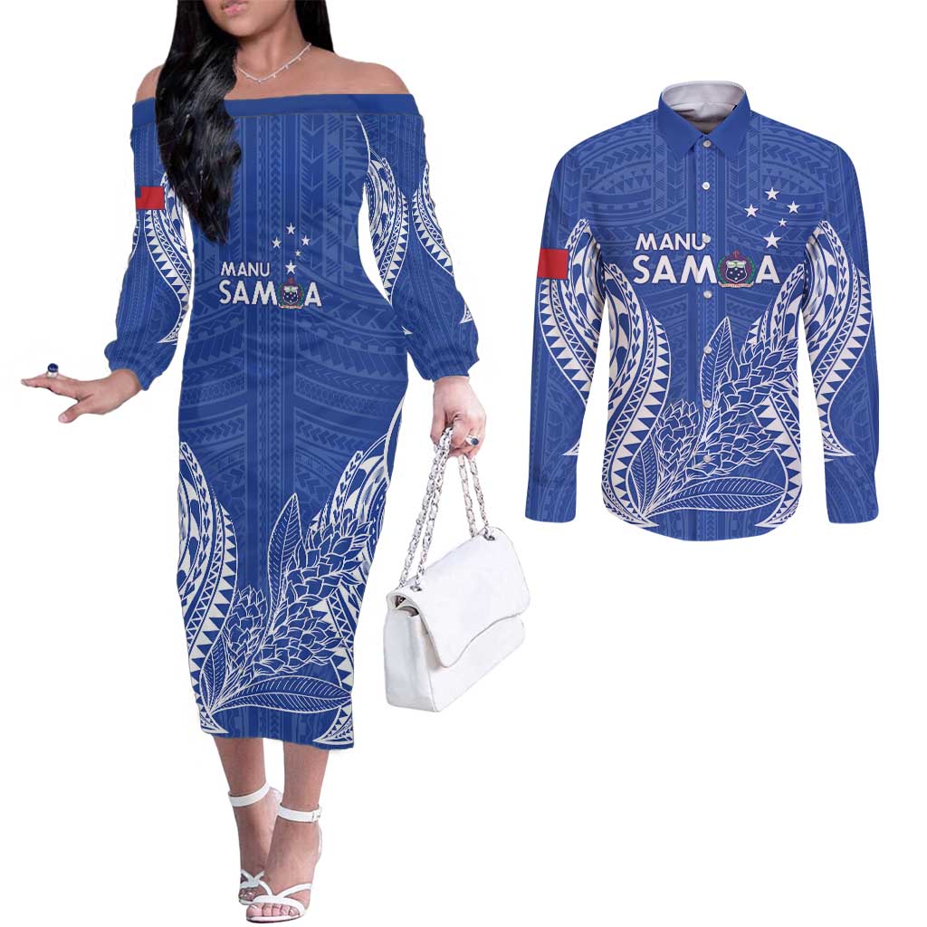 Custom Manu Samoa Rugby 2024 Couples Matching Off The Shoulder Long Sleeve Dress and Long Sleeve Button Shirt Go Champions Samoan Tattoo