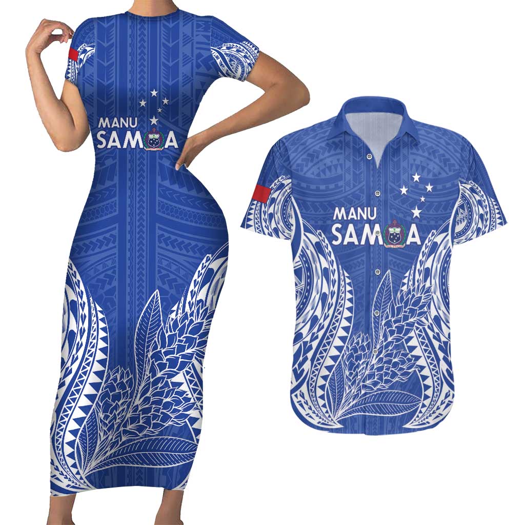 Custom Manu Samoa Rugby 2024 Couples Matching Short Sleeve Bodycon Dress and Hawaiian Shirt Go Champions Samoan Tattoo