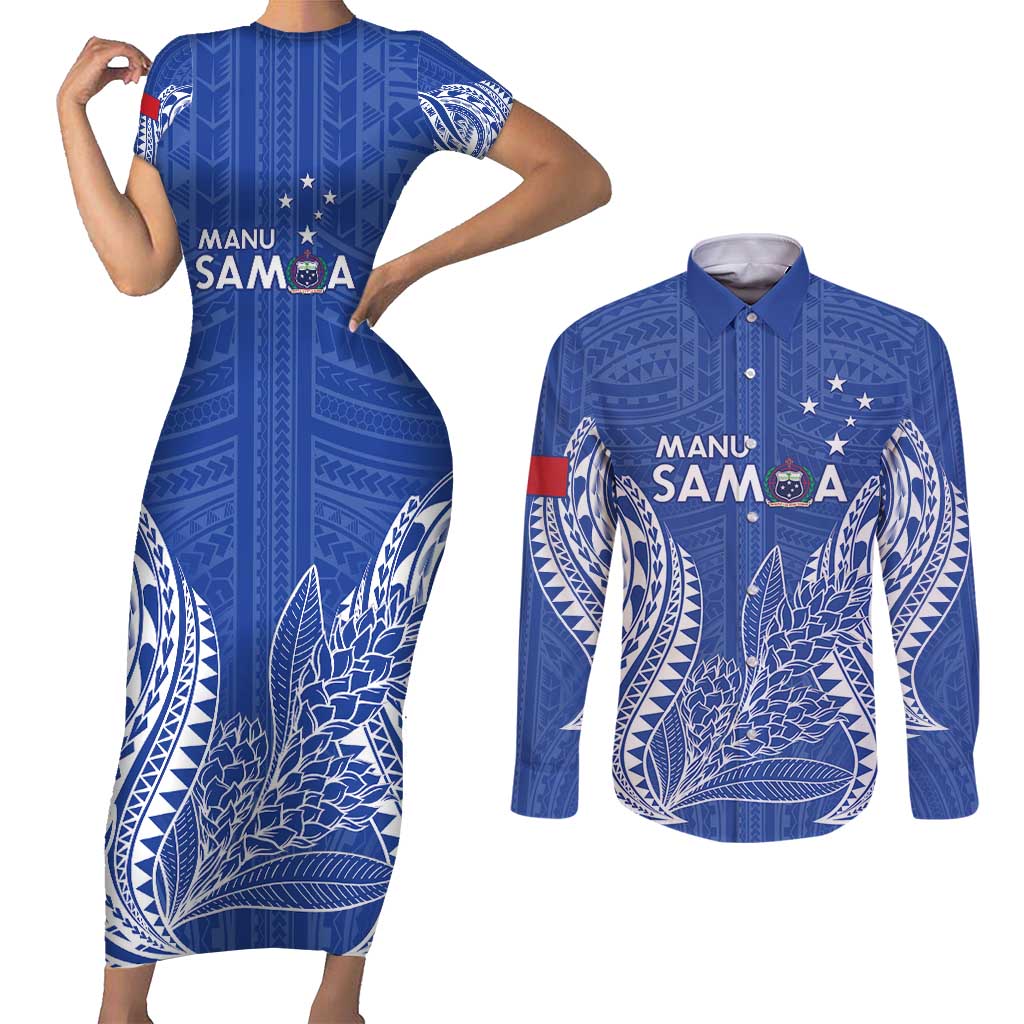 Custom Manu Samoa Rugby 2024 Couples Matching Short Sleeve Bodycon Dress and Long Sleeve Button Shirt Go Champions Samoan Tattoo