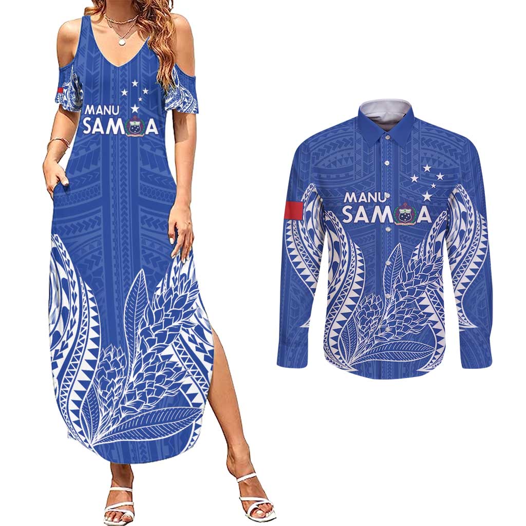 Custom Manu Samoa Rugby 2024 Couples Matching Summer Maxi Dress and Long Sleeve Button Shirt Go Champions Samoan Tattoo