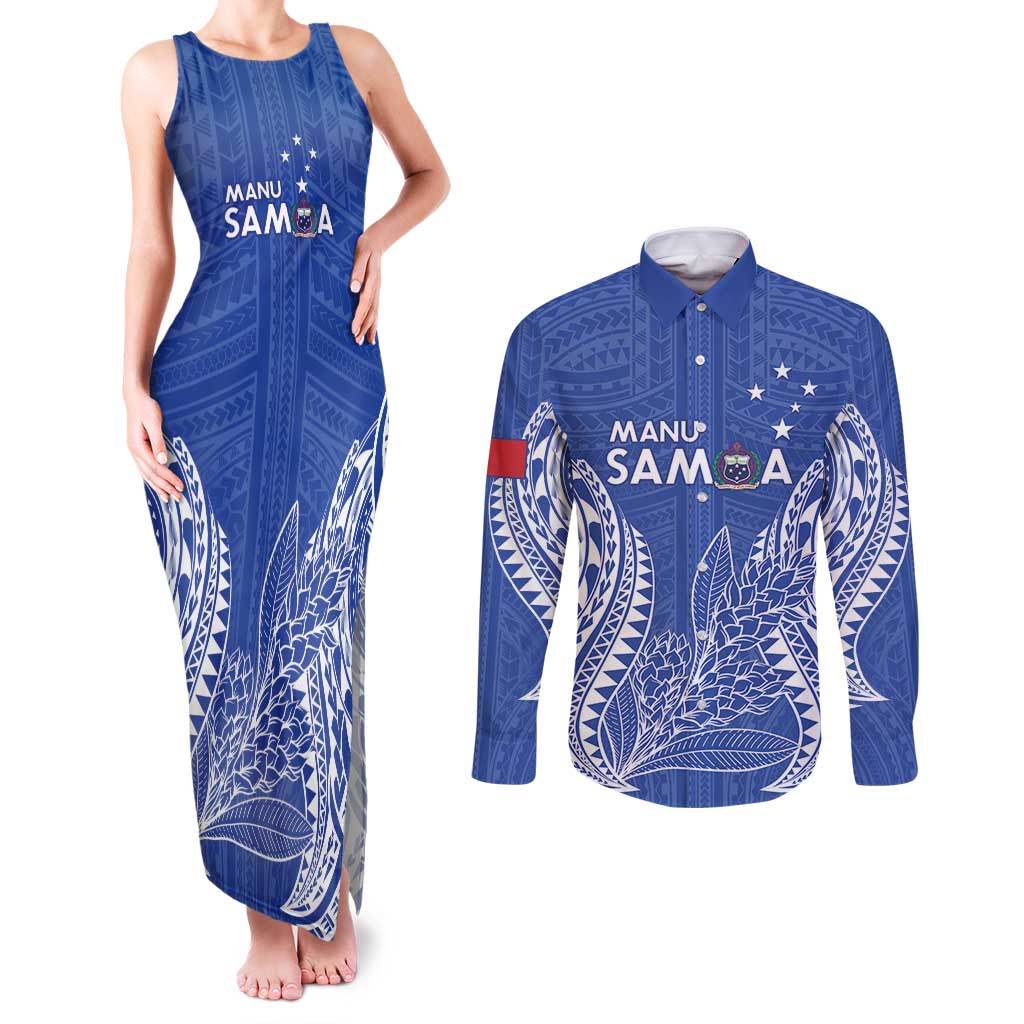 Custom Manu Samoa Rugby 2024 Couples Matching Tank Maxi Dress and Long Sleeve Button Shirt Go Champions Samoan Tattoo