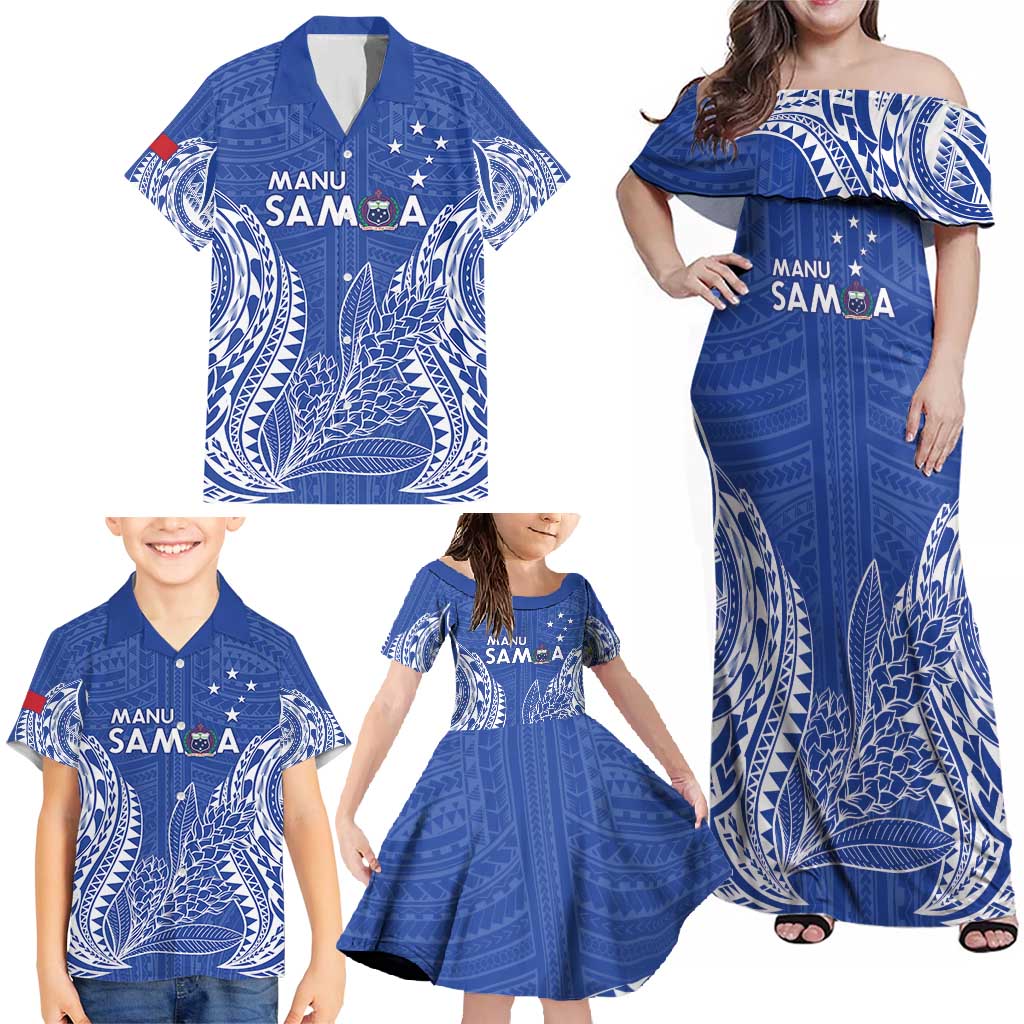 Custom Manu Samoa Rugby 2024 Family Matching Off Shoulder Maxi Dress and Hawaiian Shirt Go Champions Samoan Tattoo