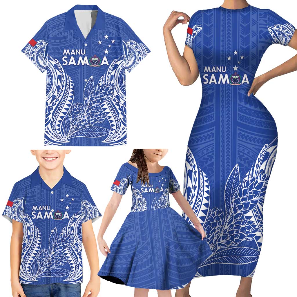 Custom Manu Samoa Rugby 2024 Family Matching Short Sleeve Bodycon Dress and Hawaiian Shirt Go Champions Samoan Tattoo