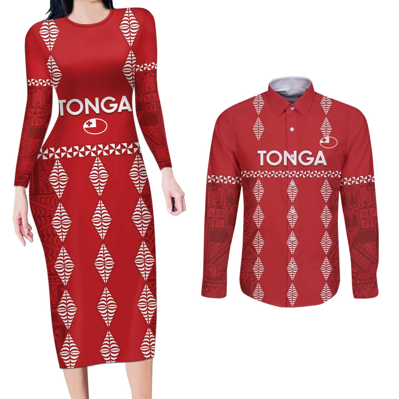 Custom Tonga Rugby 2024 Couples Matching Long Sleeve Bodycon Dress and Long Sleeve Button Shirt Go Champions Ikale Tahi Ngatu Pattern