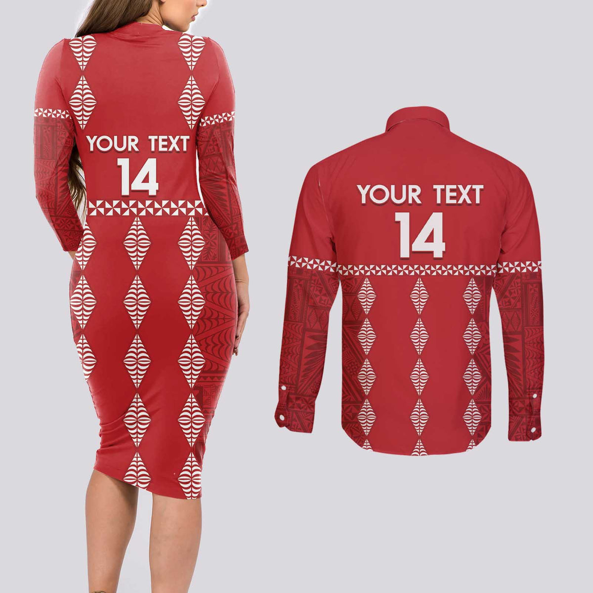 Custom Tonga Rugby 2024 Couples Matching Long Sleeve Bodycon Dress and Long Sleeve Button Shirt Go Champions Ikale Tahi Ngatu Pattern LT14 - Polynesian Pride
